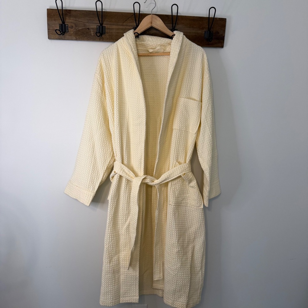 100% Cotton Waffle Weave Spa Robe Cream Shawl Collar Belted Long Bathrobe